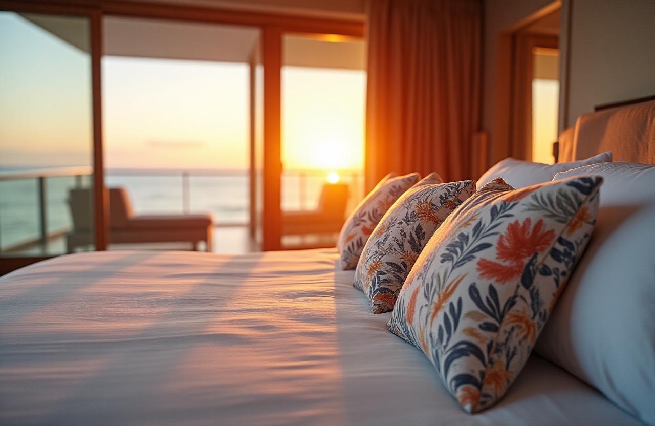 Luxury resort bedroom with island-inspired pillows