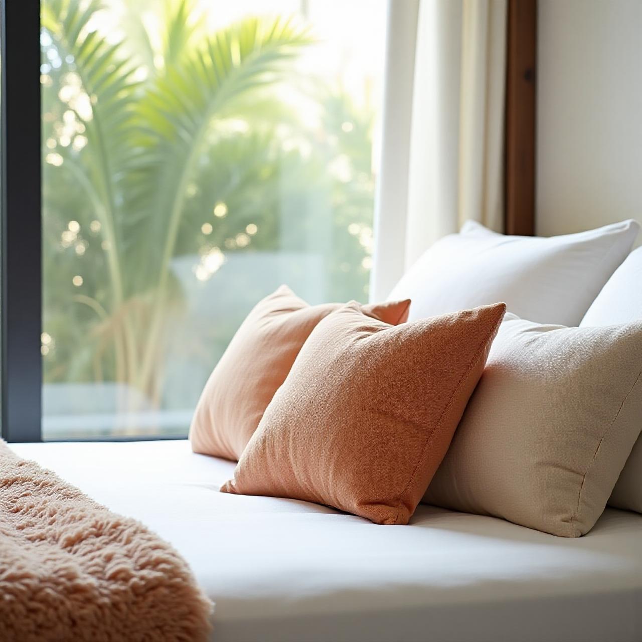 Luxury island-inspired pillow arrangement in a bright sunlit room
