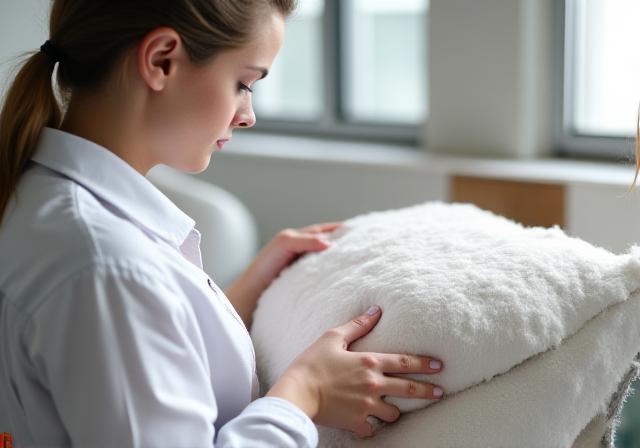 Quality assurance specialist inspecting a finished pillow